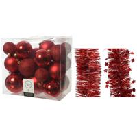 Kerstversiering kunststof kerstballen 6-8-10 cm met folieslingers pakket rood van 28x stuks - Kerstbal - thumbnail