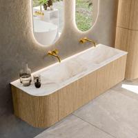 Mondiaz KURVE-DLUX 155 cm Onderkast Greeploos 2 Lades Met Deuren Oak, Wastafel Solid Surface Rechts Frappe 0 Kraangaten Zonder Spiegel (KRVLEA155L2L1D0KD-Oak/Fra)