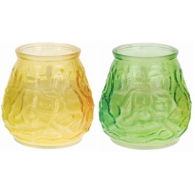 Windlicht geurkaars - 2x - geel/groen glas - 48 branduren - citrusgeur