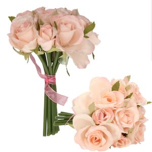 2x Luxe boeket kunstbloemen roze rozen 20 cm