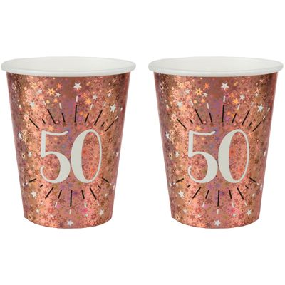 Verjaardag feest bekertjes leeftijd - 20x - 50 jaar - rose goud - karton - 270 ml