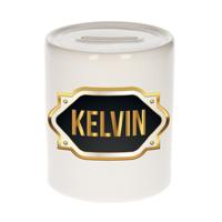 Spaarpot met voornaam Kelvin - wit - goud/zwart embleem - 8 x 9 cm - keramiek - afsluitdop