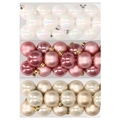 48x stuks kunststof kerstballen mix van parelmoer wit, oudroze en champagne 4 cm