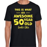 Cadeau T-shirt voor heren - leeftijd 50 jaar - awesome - zwart - glitter geel - Abraham