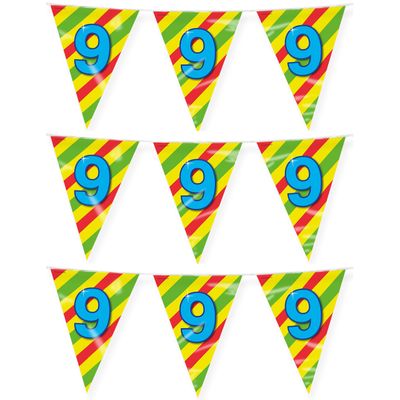 Verjaardag 9 jaar thema vlaggetjes - 3x - feestversiering - 10m - folie - dubbelzijdig
