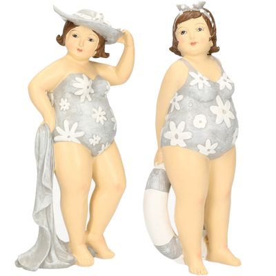 Woonkamer decoratie beeldjes set van 2 dikke dames - blauw badpak
