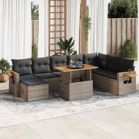 9-delige Loungeset met kussens poly rattan acacia grijs