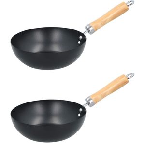 2x Wokpan/steelwok met houten handvat 20 cm