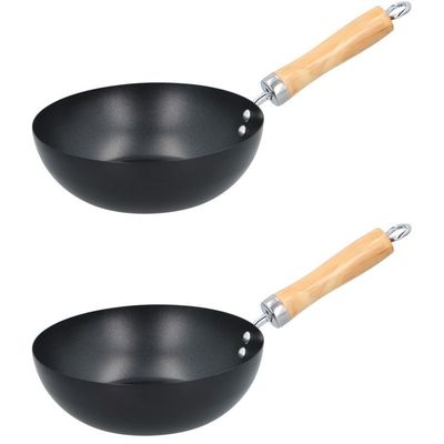 2x Wokpan/steelwok met houten handvat 20 cm