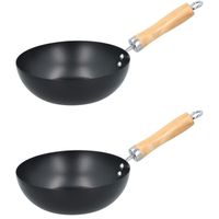 2x Wokpan/steelwok met houten handvat 20 cm