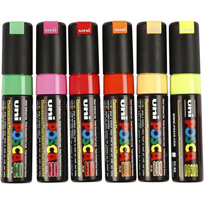 Uni-Posca Posca marker, afm pc-8k, lijndikte 8 mm, breed, semi-dekkend, diverse kleuren, 6 stuk/ 1 doos