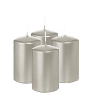 Cilinderkaars/stompkaars - 4x - metallic zilver - 6 x 8 cm - 29 branduren