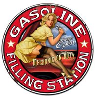 Gasoline Filling Station Mechanic On Duty Pin-Up Zwaar Metalen Bord 61 cm x 61 cm - thumbnail