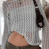 Women's Hollow Out Knitwear Sweater - Loose Boat Neck Pullover Grey / XS