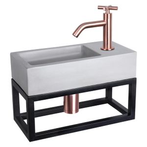 Differnz Ravo fonteinset - 38.5x18.5x25cm - Rechthoek - 1 kraangat - Gebogen rose koperen kraan - met zwart frame - kruisgreep - beton lichtgrijs 38.402.01