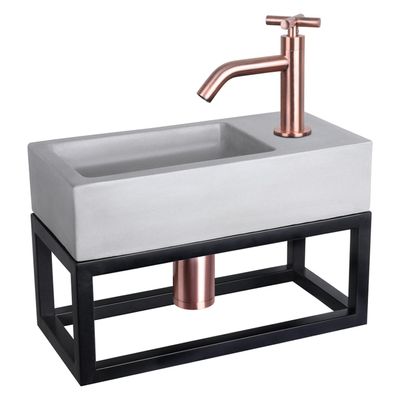 Differnz Ravo fonteinset - 38.5x18.5x25cm - Rechthoek - 1 kraangat - Gebogen rose koperen kraan - met zwart frame - kruisgreep - beton lichtgrijs 38.402.01