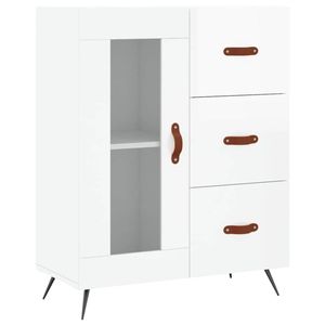 The Living Store Dressoir Classic - Wit Hoogglans - 69.5 x 34 x 90 cm - Hout - Metaal - Glas