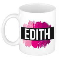 Naam cadeau mok / beker Edith met roze verfstrepen 300 ml