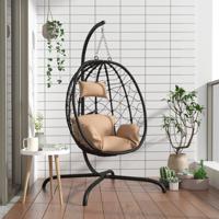 Hangstoel met kussen poly rattan en staal taupe - thumbnail