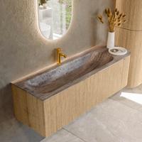 Badmeubel Mondiaz Kurve-Dlux | 145 cm | Meubelkleur Oak | Wastafelkleur Oza | Solid surface | Wasbak linker zijde spoelbak | 1 kraangat Badmeubel Mondiaz Kurve-Dlux | 145 cm | Meubelkleur Oak | Wastafelkleur Oza | Solid surface | Wasbak linker zijde spoelbak | 1 kraangat