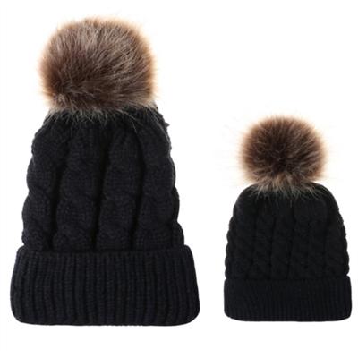 2 in 1 herfst en winter ouder-kind hoed set warme twist textuur gebreide muts met wol bal grootte: ouder-kind (zwart)