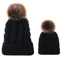 2 in 1 herfst en winter ouder-kind hoed set warme twist textuur gebreide muts met wol bal grootte: ouder-kind (zwart)