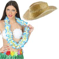 Carnaval verkleed set - Tropische Hawaii party - stro beach hoed - met volle bloemenslinger blauw - thumbnail