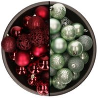 74x stuks kunststof kerstballen mix van mintgroen en donkerrood 6 cm - thumbnail