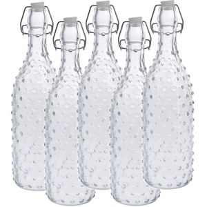 5x Glazen flessen transparant stippen met beugeldop 1000 ml