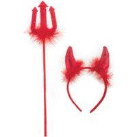 Duivels verkleed setje - hoorntjes diadeem en trident - rood - verkleed accessoires - thumbnail