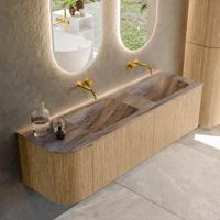 Badmeubel Mondiaz Kurve-Dlux | 155 cm | Meubelkleur Oak | Wastafelkleur Oza | Solid surface | Dubbel / Rechts spoelbak | Zonder kraangat(en)