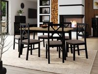 Eettafel ALEZY 140>180 cm zwart met 6 stoelen en taupe kussens - thumbnail