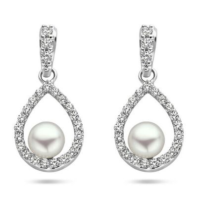 Oorhangers zilver-zoetwaterparel-zirconia wit 7,6 x 16 mm