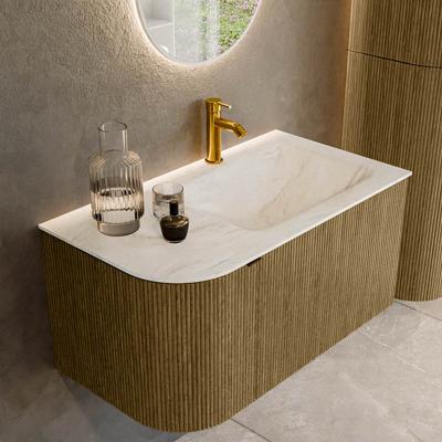 Badmeubel Mondiaz Kurve-Dlux | 85 cm cm | Meubelkleur Dusk | Wastafelkleur Ostra | Solid surface | Wasbak rechter zijde spoelbak | 1 kraangat