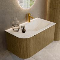 Badmeubel Mondiaz Kurve-Dlux | 85 cm cm | Meubelkleur Dusk | Wastafelkleur Ostra | Solid surface | Wasbak rechter zijde spoelbak | 1 kraangat
