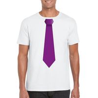 Wit t-shirt met paarse stropdas heren