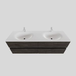 Badkamermeubel Solid Surface BWS Stockholm 150x46 cm Dubbel Wood Dark Brown 4 Laden (2 kraangaten)