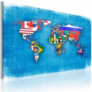 Schilderij - Wereldkaart- Vlaggen van de Wereld , multikleur , premium print op canvas