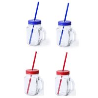 Set van 4x glazen drinkbekers dop/rietje 500 ml blauw/rood - thumbnail