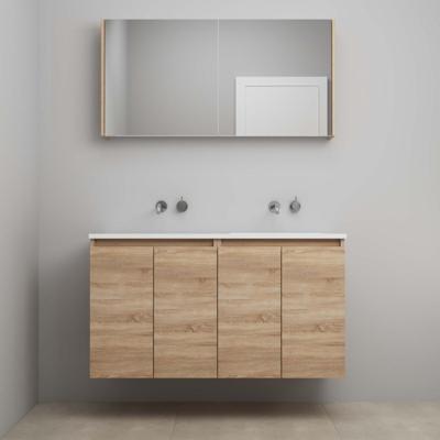 On-Line Badkamermeubelset - 120 cm - Voorgemonteerd - Greeploos 4 Deuren - Acryl Wastafel - Kraangat naar Keuze - Spiegelkast - Eiken