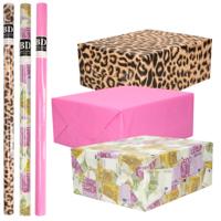 Inpakpapier Cadeaupapier - Kleurenmix - 6x stuks rollen - geld - panter - neon roze Inpakpapier Cadeaupapier - Kleurenmix - 6x stuks rollen - geld - panter - neon roze