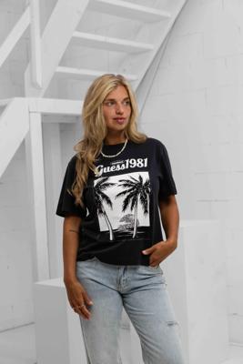 Guess Palm Print Washed T-Shirt Dames Donkergrijs - Maat S - Kleur: Donkergrijs | Soccerfanshop