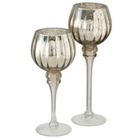 Luxe glazen design kaarsenhouders/windlichten set van 2x stuks metallic champagne 25-30 cm - thumbnail