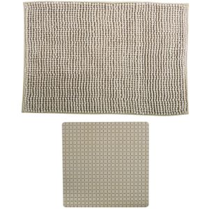 MSV Douche anti-slip mat en droogloop mat - Sevilla badkamer set - rubber/microvezel - beige