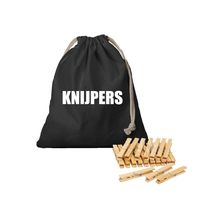 Canvas knijperzak/ opbergzakje knijpers zwart met koord 25 x 30 cm en 100 houten wasknijpers