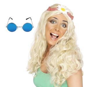 Hippie Sixties Flower Power verkleedset dames - Pruik blond - bril ronde glazen blauw