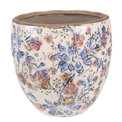 Clayre & Eef Bloempot Ø 13x11 cm Blauw Beige Keramiek Rond Bloemen