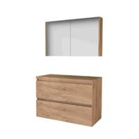 Basic-Line Comfort 46 Badkamermeubelset - 100 x 46 cm - Greeploos - 2 Lades - Wastafelblad - Spiegelkast - Whisky Oak