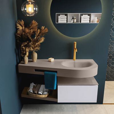 MONDIAZ RIVA 120cm badmeubel onderkast / planchet kleur Cale met 1 lade. Wastafel DULCET rechts 1 kraangat kleur Smoke.