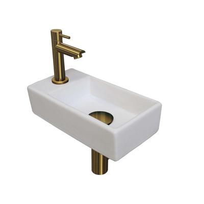 INK - Fonteinpack Porselein Links incl. Fonteinkraan - Design Sifon - Design Plug en Montageset - 360x180x90 Mm - Mat Wit/brushed Mat Goud